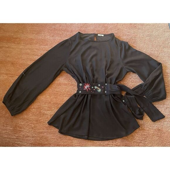 ODDY EMBROIDERED WAIST TIE CUPRO BLEND BLACK WOMEN LONG SLEEVE BLOUSE XL - Picture 1 of 7